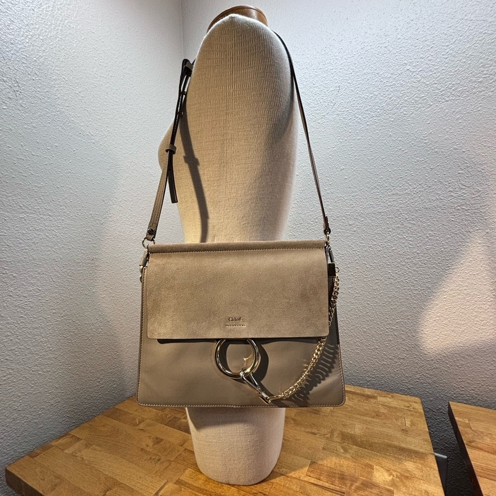 Chloé Faye Medium Shoulder Bag Suede & Leather Motty Grey - Picture 3 of 16